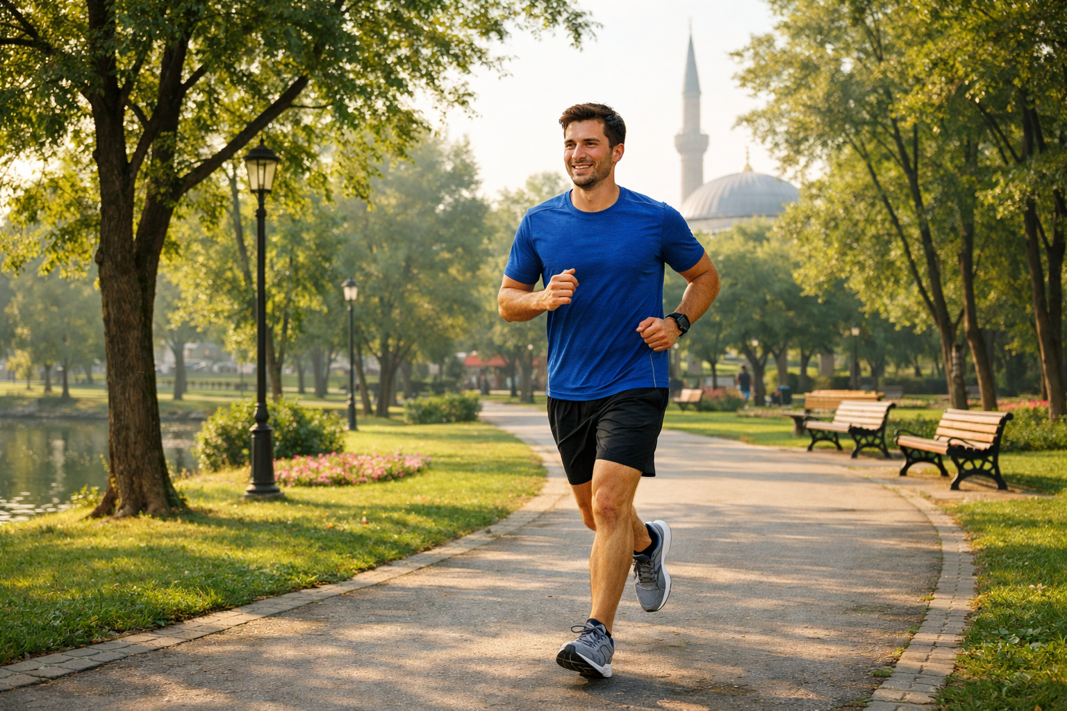 Parkta rahat tempoda kosu yapan bir kisi