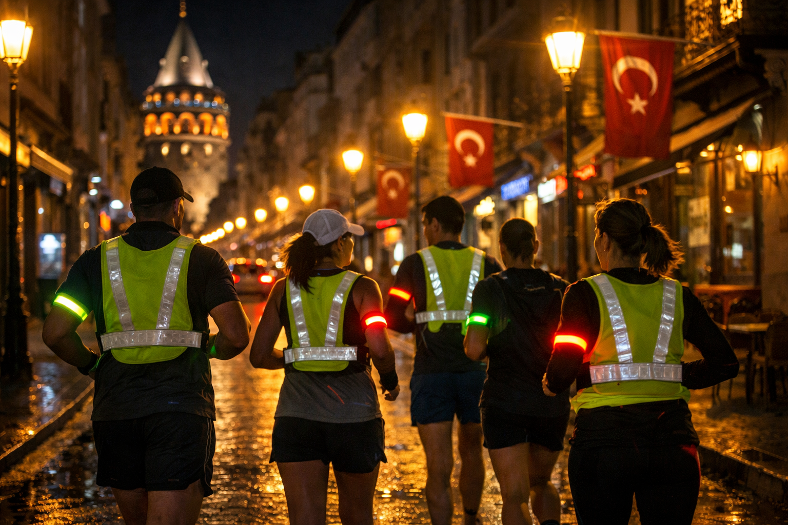 Gece kosusunda reflektif yelek giyen kosucular